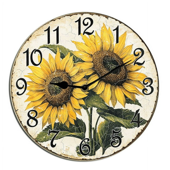 Kurmntregon Vintage Sunflowers Wall Clock Summer Floral Non Ticking Silent Quartz Bedroom Living Room Office Gym Kitchen Bathroom Patio Decor Decorative Clocks Shop Hotel Round 10"