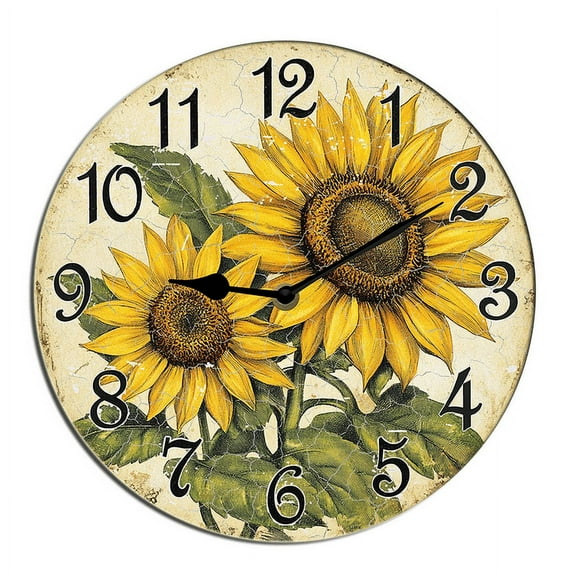 Kurmntregon Vintage Sunflowers Wall Clock Summer Floral Silent Non Ticking Battery Operated Wood Clock For Bedroom Bathroom Living Room Office School Kitchen Shop Hotel Round 10"