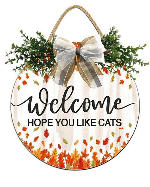 Kurmntregon Welcome Hope You Like Cats Fall Door Hanger Autumn Leaves ...