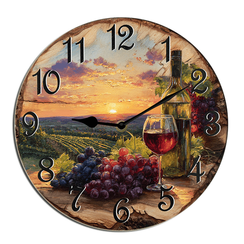 Kurmntregon Wine Bottles Glasses Grapes Wall Clock Wooden Silent Non Ticking Battery Operated Rustic Farmhouse Kitchen Clocks Decorative For Living Room Bedroom Office Round 10"