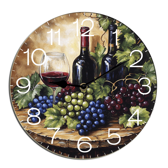Kurmntregon Wine Glasses Grapes Wall Clock Winery Farm Silent Non Ticking Wooden Clocks Decorative Battery Operated For Bedroom Kitchen Living Room Bathroom Round 10"