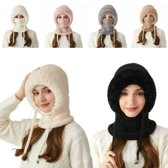Kuroiy 3 in 1 Knit Winter Hat for Women with Fleece Lining | Warm Scarf and Face Mask Combo | Windproof Balaclava | Cozy Outdoor Cold Weather Protection | One Size