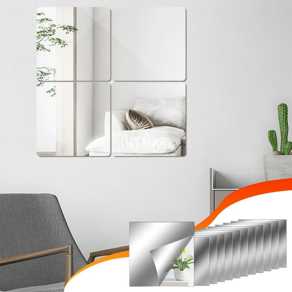 Kuroiy Acrylic Mirror Sheets, Flexible Self- Mirror Tiles, 12 Pack, 6x6 Inch, Cuttable Plastic Reflective Stickers, Home Wall Decor, Non-Glass, Silver