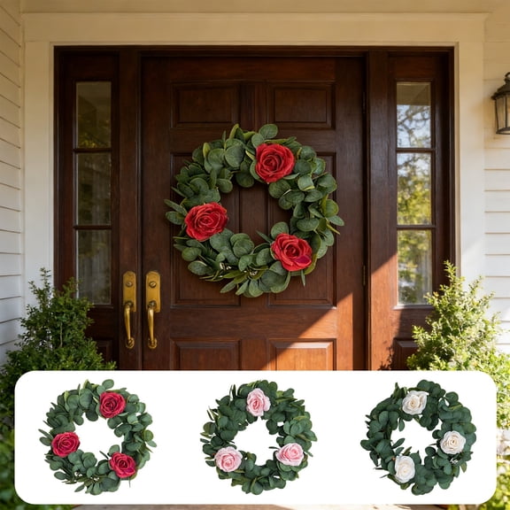 Kuroiy Artificial Green Plants Wreath | 42cm Floral Arrangement | Pink, White, Red Roses | Plastic | Front Door Year Round Home Decor | Indoor Outdoor Spring Summer Decoration | Easy Hanging