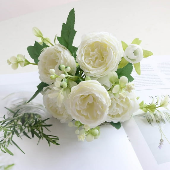 Kuroiy Artificial Peony Silk Flowers Bouquet, 5 Large 6CM Heads + 4 Small Buds, 32CM Decorative Faux Floral Arrangement, Wedding Party Home Table Centerpiece, 1 Bouquet