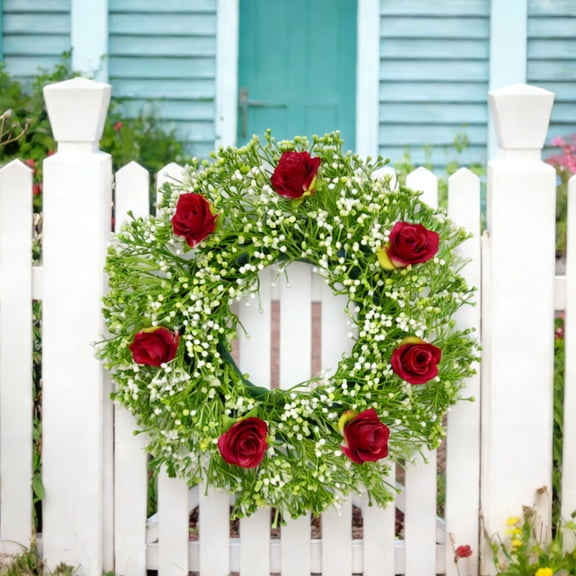 Kuroiy Artificial Rose and Baby's Breath Door Wreath | 13.77in Faux Greenery Winter Wreath | Indoor Outdoor Wall Decor | PVC Floral Holiday Accent | 1 Piece | Green