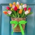 thumbnail image 1 of Kuroiy Artificial Tulip Flower Wreath | Spring Summer Door Hanging Decoration | 15.75in Diameter | Plastic Leaf Basket Design | Indoor Outdoor Wedding Party Decor, 1 of 5