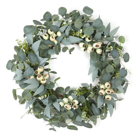 Kuroiy Artificial Wreath for Front Door 20 Inch – All Season Greenery with White Flowers and Berries, Reusable Door Decoration for Porch, Fireplace, Window, Home or Party Decor