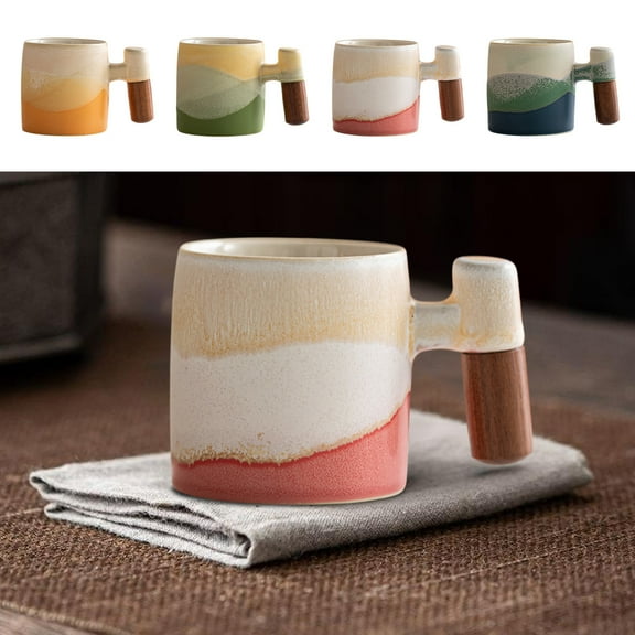 Kuroiy Ceramic Tea Coffee Cup | Gradient Glaze Finish - Wooden Grip Handle - Durable Coarse Pottery - Small Exquisite Mug | 8.5x5.5cm | Multicolor | 1pc