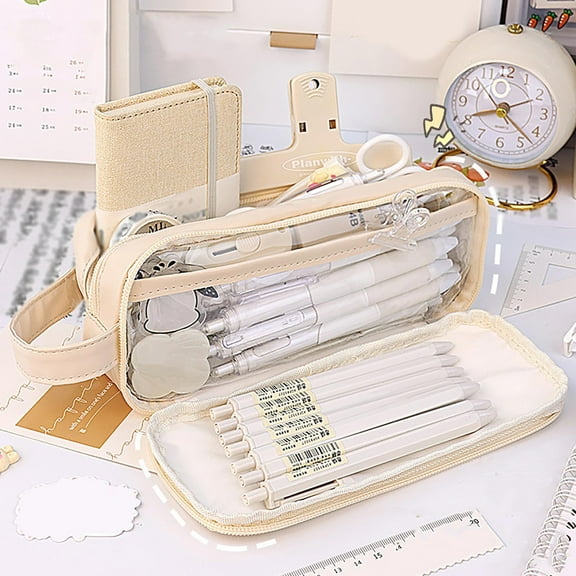 Kuroiy Double Layer Transparent Pencil Case | Large Capacity Stationery Box | Clear PVC Canvas Organizer | Holds 50+ Pens | Zipper Closure | Mesh Pocket | Desk Organizer | Cute Preppy Kpop Anime Gift