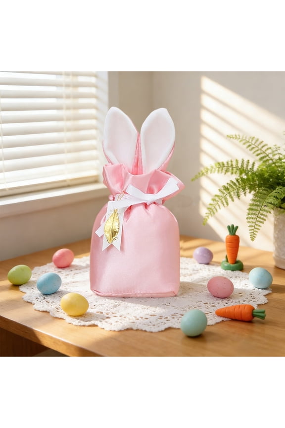 Easter Bunny Drawstring Gift Bag, Satin Rabbits Ear Candy Pouch Gray Pink Black Red Polyester 20x10x5.5cm Handmade Wedding Favors Bridesmaid Keepsak