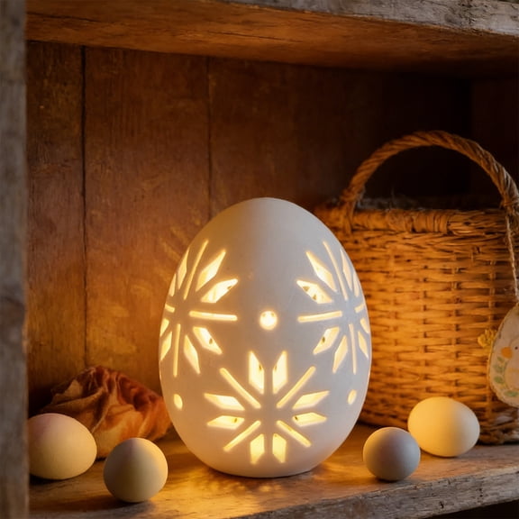 Kuroiy Easter LED Ceramic Eggs White Porcelain Lamp with Floral Carving, Decorative Night Light for Table, Home, or Holiday Gift