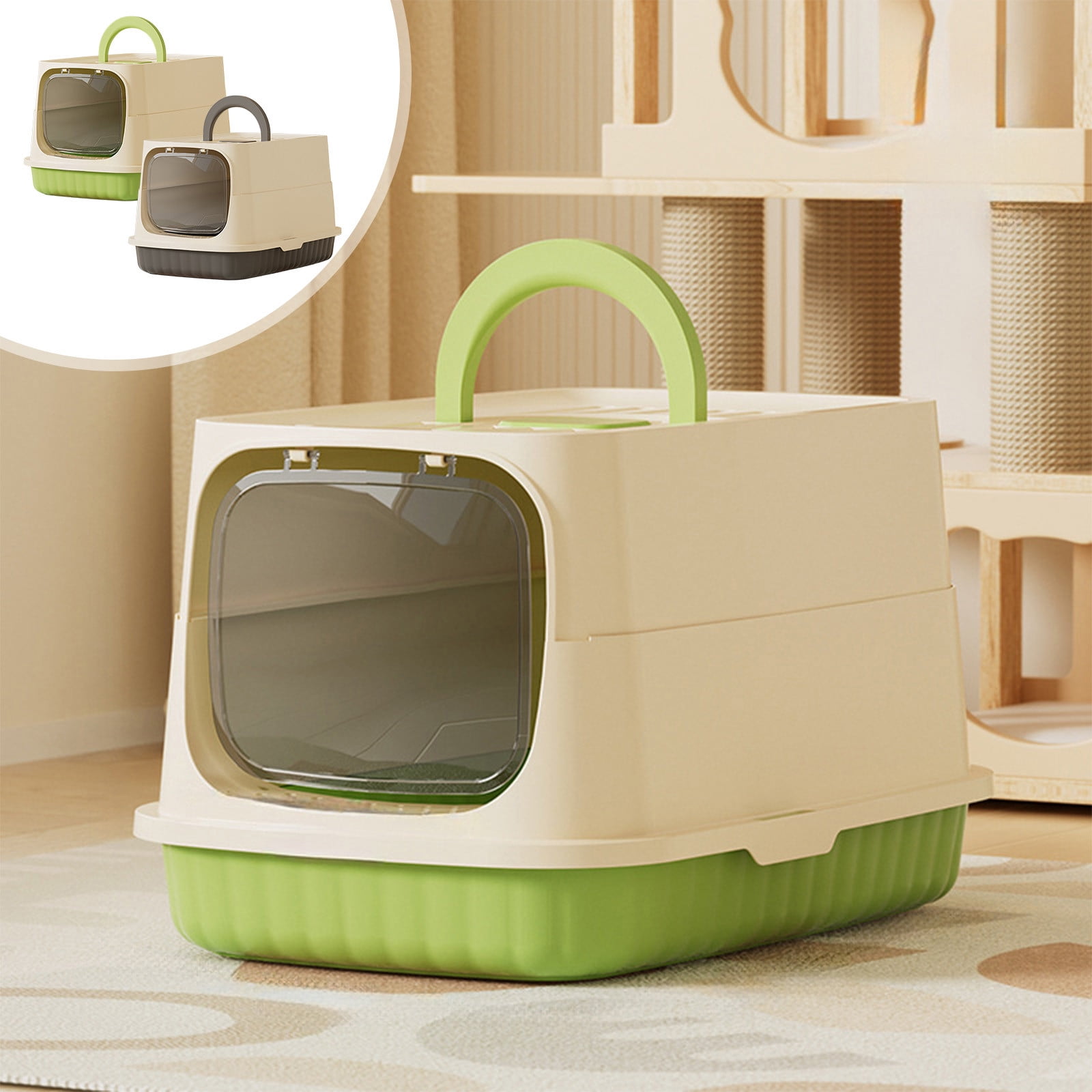 Kuroiy Enclosed Cat Litter Box | Extra Large Covered Litter Tray | Splash-Proof Pan with Lid | Easy Clean Plastic | Non-Slip Bottom | Green or Gray | Includes Shovel | 48x32x29cm