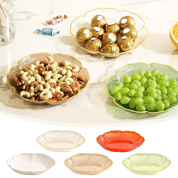 Kuroiy Fruit Bowl Plastic Clear Lotus Design with Gold Trim Food Grade Decorative Serving Dish for Fruit Snacks Desserts Coffee Table or Party Display