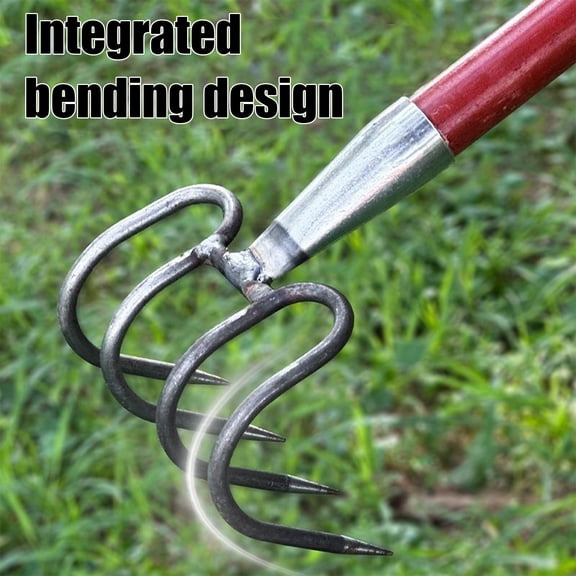 Kuroiy Garden Rake Heavy Duty Steel 4-Tooth for Soil Loosening, Weeding, Gravel Clearing, Home Yard and Beach Cleanup