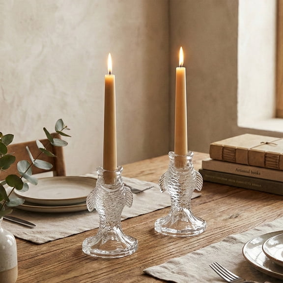 Kuroiy Glass Candle Holder Transparent Carp Shape, Elegant Tapered Candlestick Decor, Clear Thick Glass, Fits Standard 0.8" Candles, Table Centerpiece, 4.7"x3.1", Durable Gift