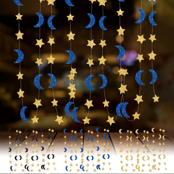 Kuroiy Glitter Star Hanging Party Decorations | Ceiling Streamers Ornaments | Black Blue Gold Plastic | 118in Length | Birthday Wedding Christmas Festival Decor | Easy Installation