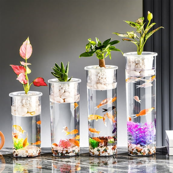 Kuroiy Goldfish Bowl Plastic Aquarium, Clear Fish Tank for Goldfish Home Decor, Desktop Tabletop Ornament, Transparent Black Hydroponic Design, Multiple Sizes 20-35c