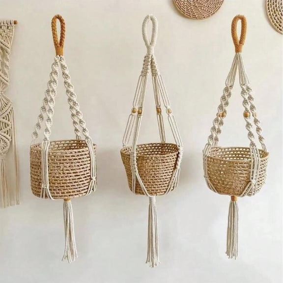 Kuroiy Hanging Storage Net Basket, Cotton Linen Braided Tassels Organizer, 35.4in Suspended White Net Pouch, Space-Saving Boho Décor, Reusable, Handwoven, Lightweight