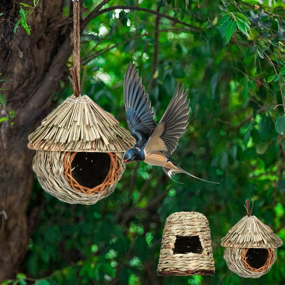 Kuroiy Hummingbird Nesting House Outdoor Hanging Den | Natural Straw & Ceramic | Decorative Shelter for Small Birds | Multicolor | Porch Garden Tree Accent | 19x15cm | 1 Pack