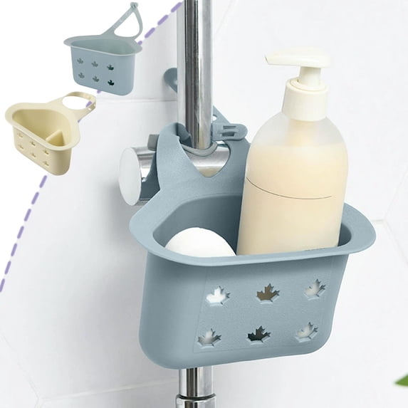 Kuroiy Kitchen Sink Strainer Basket, Hanging Faucet Rack Plastic, Triangular Storage for Food Waste, Sponges, Mesh Filter, No-Tool Install, Blue, Beige, 17x12x9.5cm