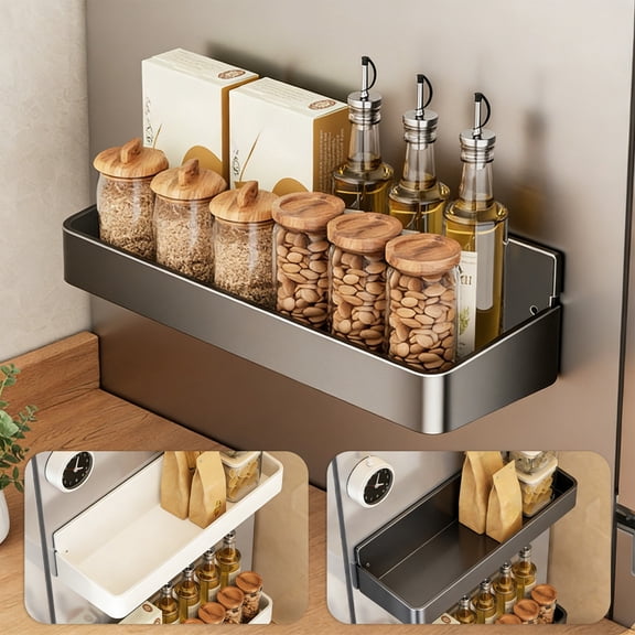 Kuroiy Magnetic Refrigerator Storage Rack | Wall Mounted Non Perforated Organizer | Alloy | White, Gray | 10.2 x 3.5 x 2.76 in | Space Saving Kitchen Shelf | Matte Finish | Heavy Duty