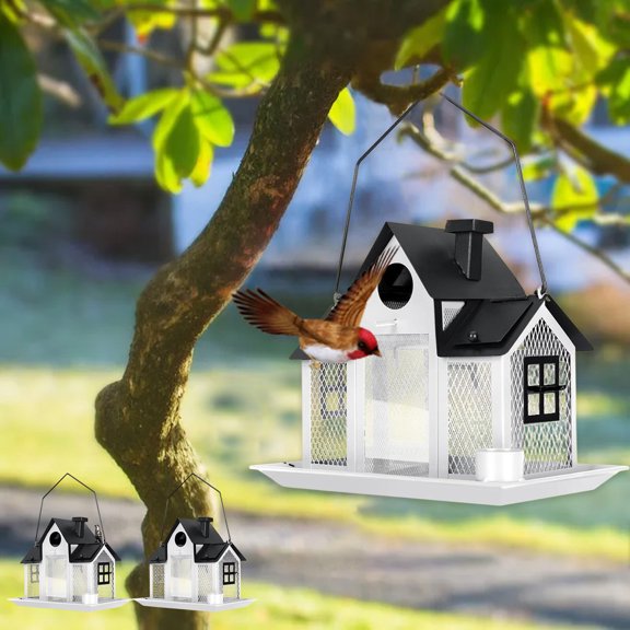 Kuroiy Metal Hummingbird Feeder with Solar Light | Weather-Resistant Iron | Rustproof Outdoor Decor | Easy Refill Removable Tray | Stable Hanging Hook | 28.5x19x23cm | 1 Pack