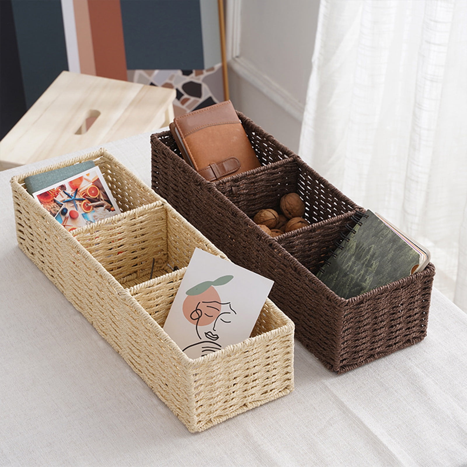 Kuroiy Modern Multi-Compartment Cosmetics Storage Box Organizer | Rattan Paper Rope | Large Capacity Desktop Basket | Coffee Beige Modern Design | Dorm Desk Accessories