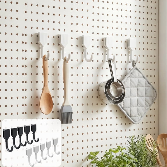 Kuroiy No-Drill Pegboard Hooks Set | Multi-Functional Movable Wall Storage Hooks for Headphones Tools Stationery | 5-Pack Plastic | Black or White | 5.8cm