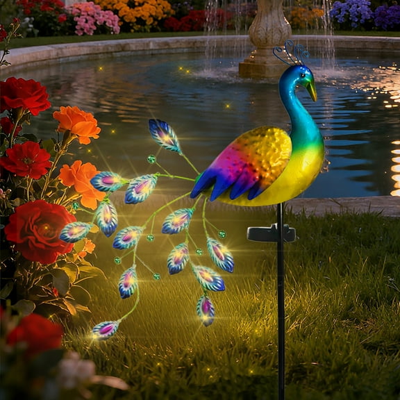 Kuroiy Peacock Metal Garden Art Solar Stake Light | Outdoor Iron Decorative Ornament | Multicolor Hand Painted Waterproof Yard Sculpture | 99.5x37.5cm | 1 Piece