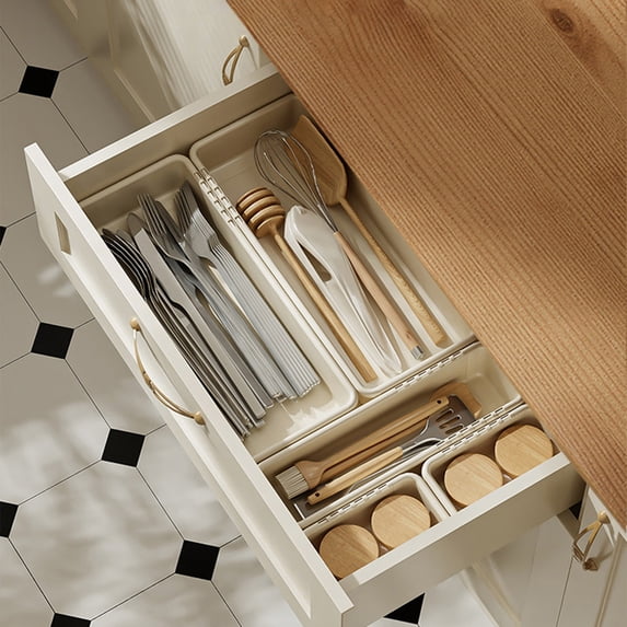 Kuroiy Retractable Plastic Drawer Organizer | Stackable Kitchen Storage Box | White Plastic | 15.15 x 6.29 x 2.36 in | Multipurpose Pantry, Dresser, Closet, Office, Bathroom Organizer
