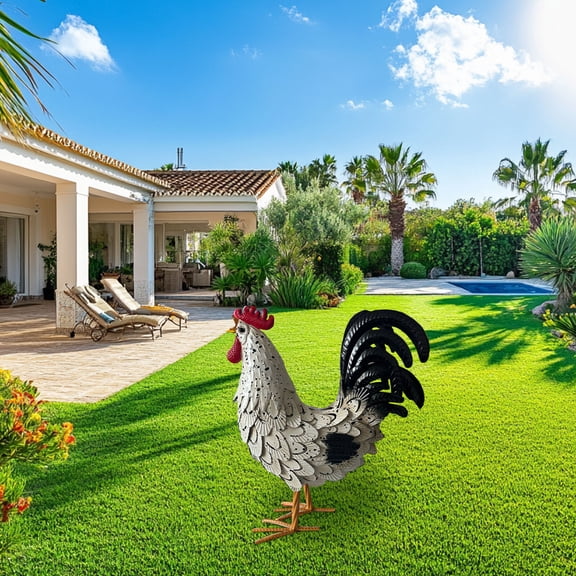 Kuroiy Rustic Metal Rooster Garden Statue, Hand-Painted Iron Farmhouse Decor, 16.14" Tall Whimsical Outdoor Lawn Accent, Galvanized Steel Resists Rus