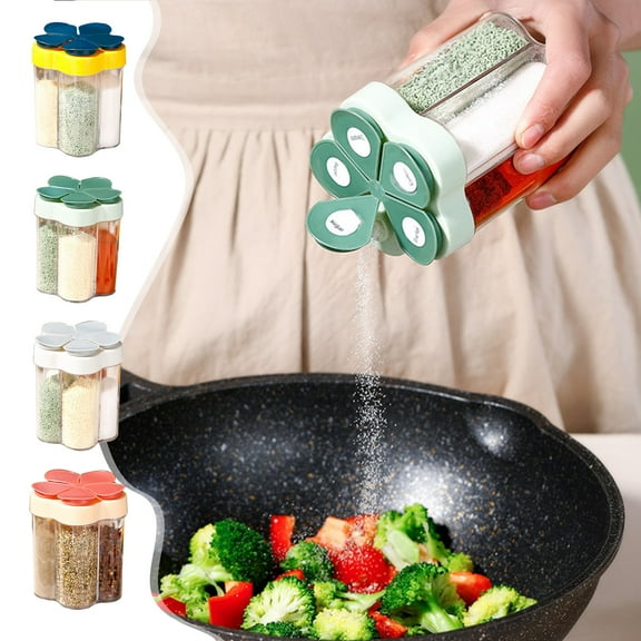Kuroiy Spice Container 5-in-1 Pepper Shaker | Multi-Compartment Seasoning Jar | Durable PVC Plastic | Mesh Pour Spouts | Flip Lids | Space-Saving Design | 11x9cm | 1 Pack | Red Blue Green Gray