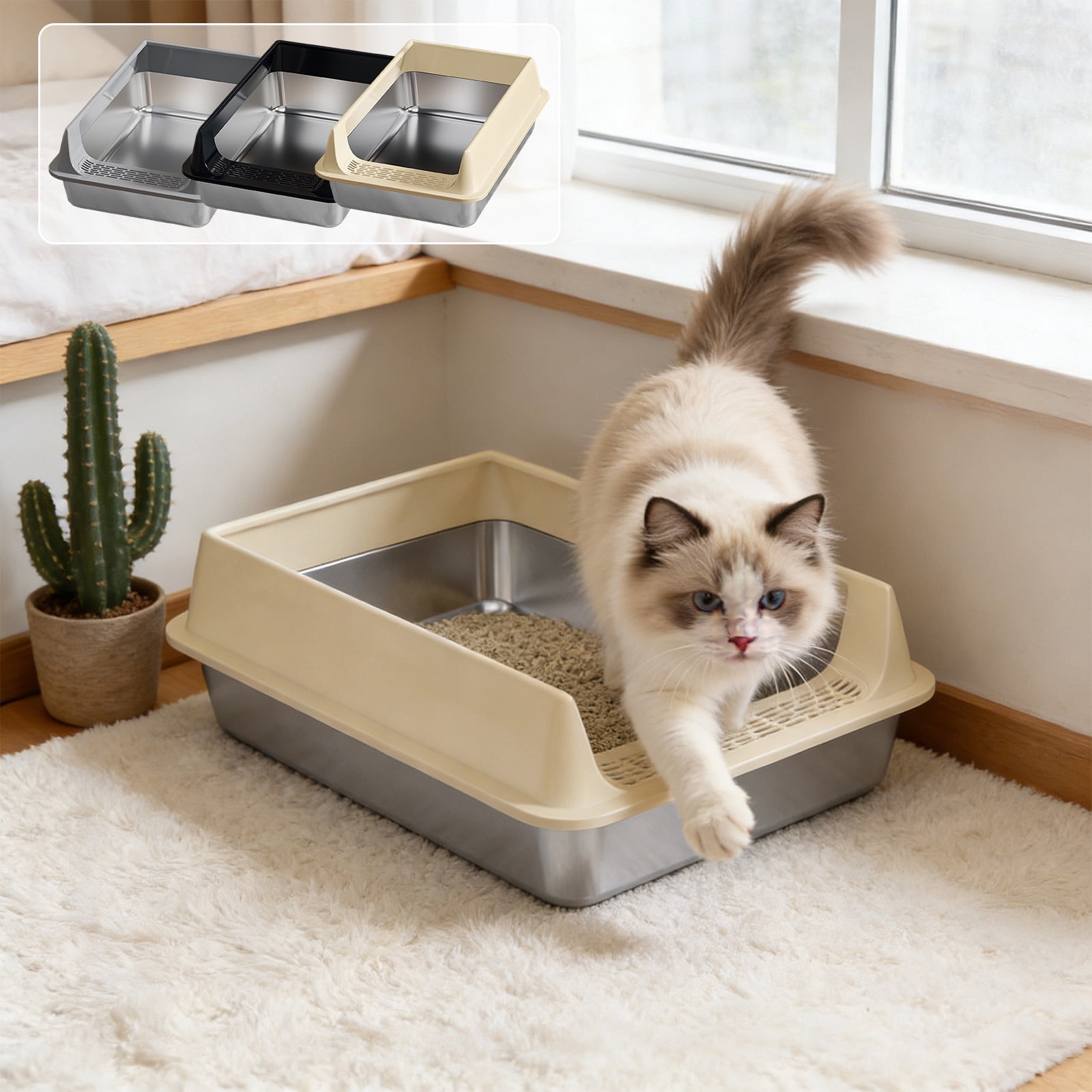 Kuroiy Stainless Steel Cat Litter Box High Sided Non-Stick Metal, Odor Proof, Easy Clean, Scratch Resistant, Gray/Black/Khaki, 15.75"x11.81"x7.87", Includes Litter Scoop