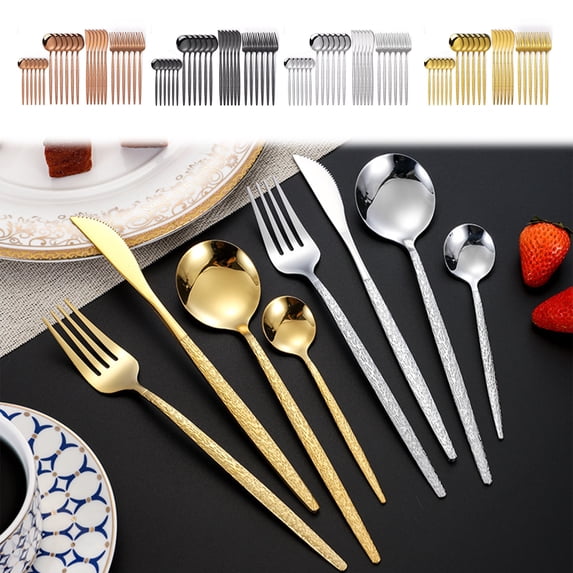 Kuroiy Stainless Steel Flatware Set 24-Piece | Hammered Handle | Silver Gold Rose Gold | Ergonomic Grip | Durable Dinnerware for Dining & Gatherings | Easy Clean | Boxed | 24x11.5x2.5cm