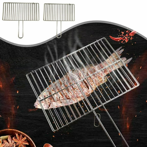 Kuroiy Stainless Steel Grill Mesh Rack | Thick Vertical Bar | Corrosion Resistant | With Handle & Hook | BBQ Tool for Fish Meat Vegetables | 39x24cm | 1 Piece | Easy Clean