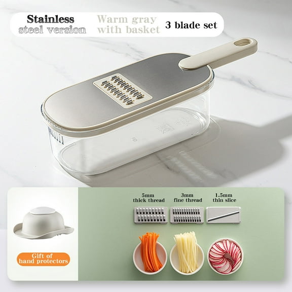 Kuroiy Stainless Steel Potato Shredder Planer | Vegetable Slicer Chopper | 3 Interchangeable Blades & Integrated Knife | Ergonomic Handle | 35x12x10cm | Easy Clean | Compact