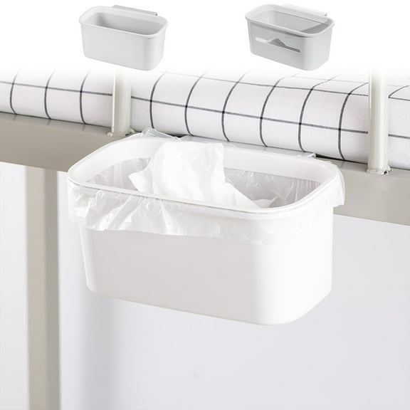 Kuroiy Wall Mounted Hanging Trash Bin | Compact Storage Box for Bedroom Office Dorm | No Drill Install | Detachable Strap Ring Holder | 26x17x12 cm | Hard Plastic | White