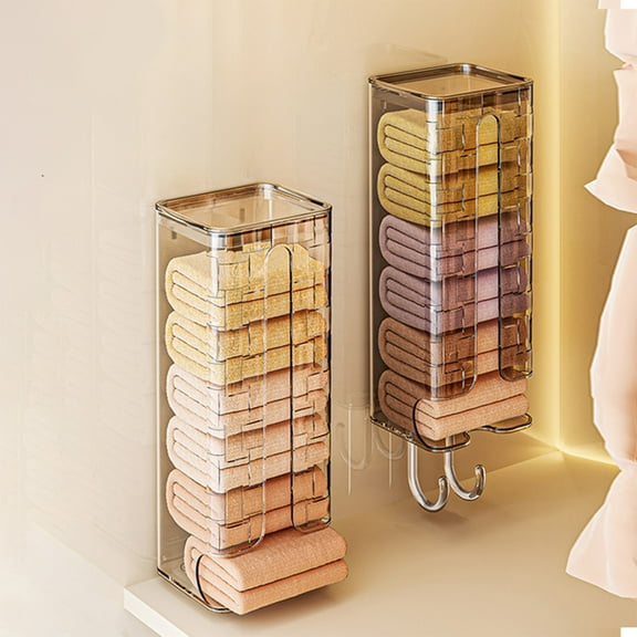 Kuroiy Wall-Mounted Towel Organizer | Extractable Plastic Double Storage Box | Clear or Gray | Adjustable Compartments | No-Punch Installation | 9.13"x3.82"x3.27" | 1 Unit