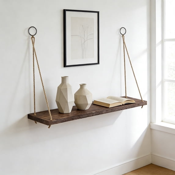 Kuroiy Wall Mounted Wooden Hanging Storage Rack | Rustic Brown Solid Wood Shelf | Adjustable Rope Design | Decorative Flower Pot Organizer | Living Room Bedroom Balcony Display Shelf