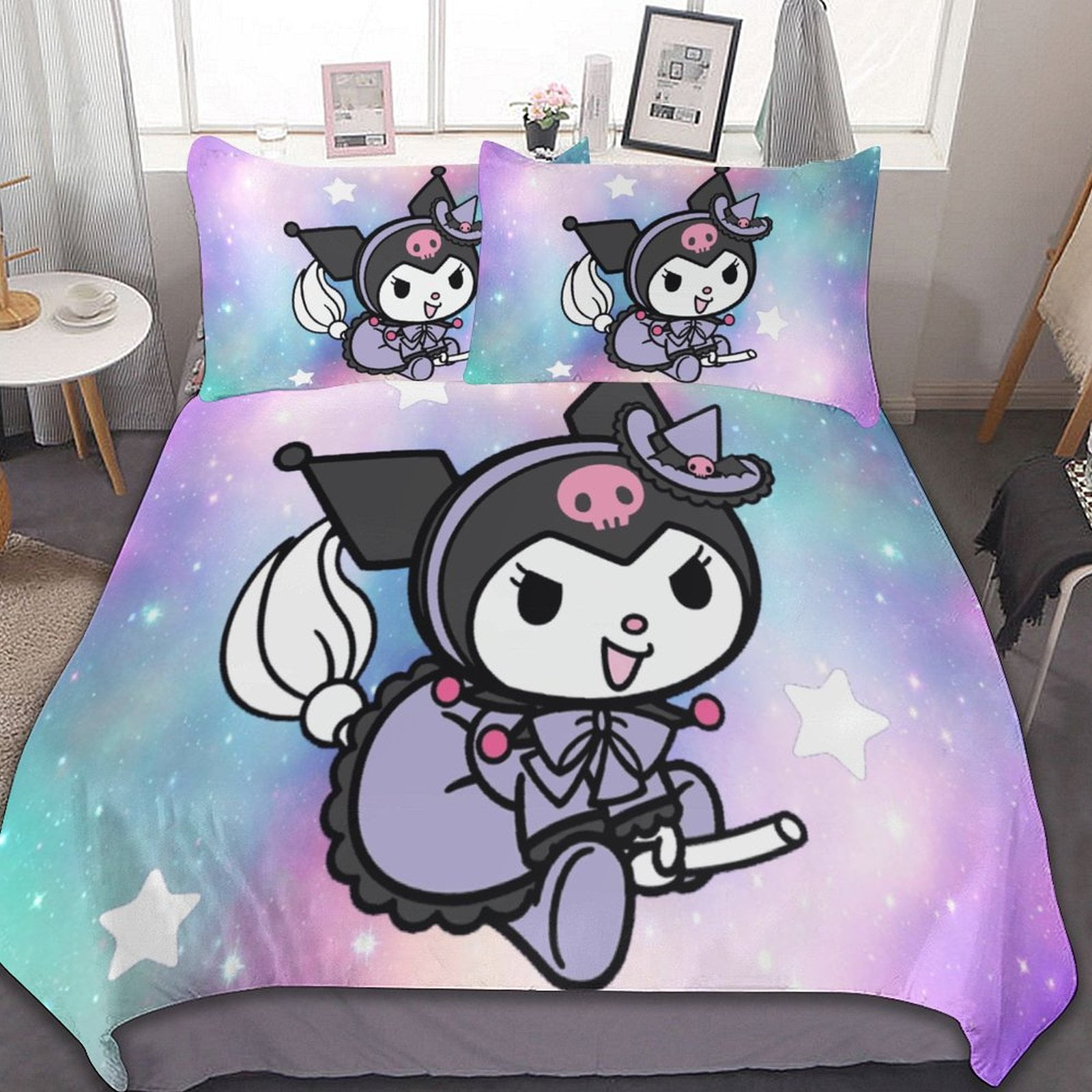 Kuromi 3 Pcs Bed Sheets Set Breathable Duvet Cover with 2 Pillow