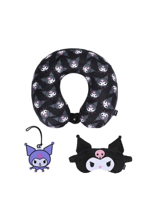 Kuromi 3-Piece Travel Set With Neck Pillow, Eye Mask, And Luggage Tag