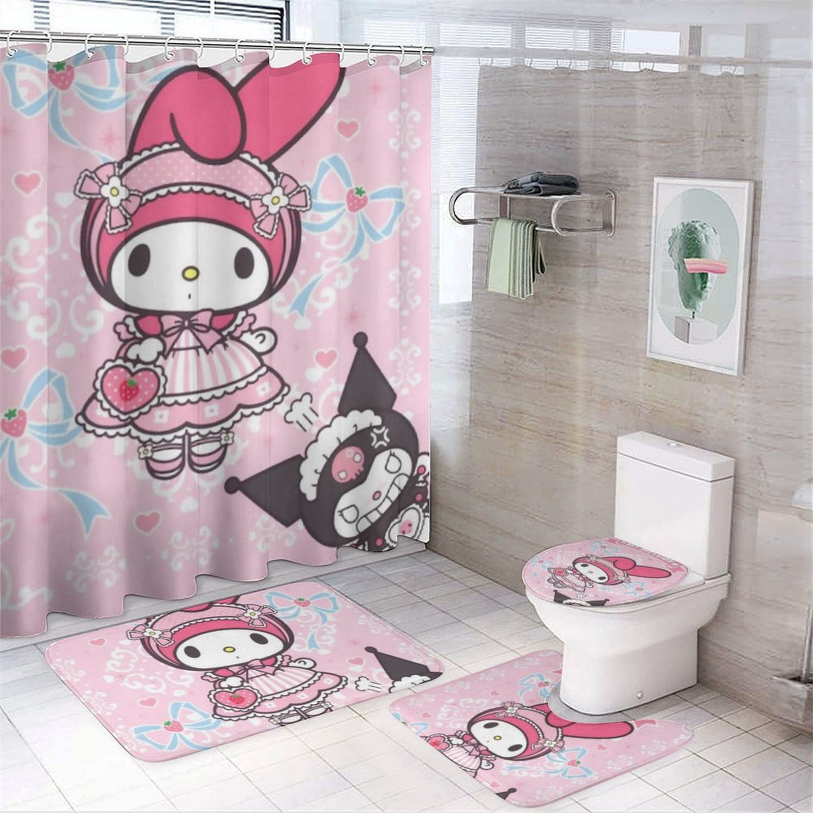 Kuromi 4-Piece Anime Kawaii Shower Curtain Set Bathroom Set with Cute ...