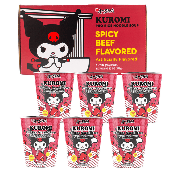 A-SHA Kuromi Pho Cup Rice Noodle (6 Cups), Spicy Beef Flavor, Gluten-Free, Premium Microwavable Rice Noodle Soup, No MSG, No Artificial Preservatives, Authentic Flavor