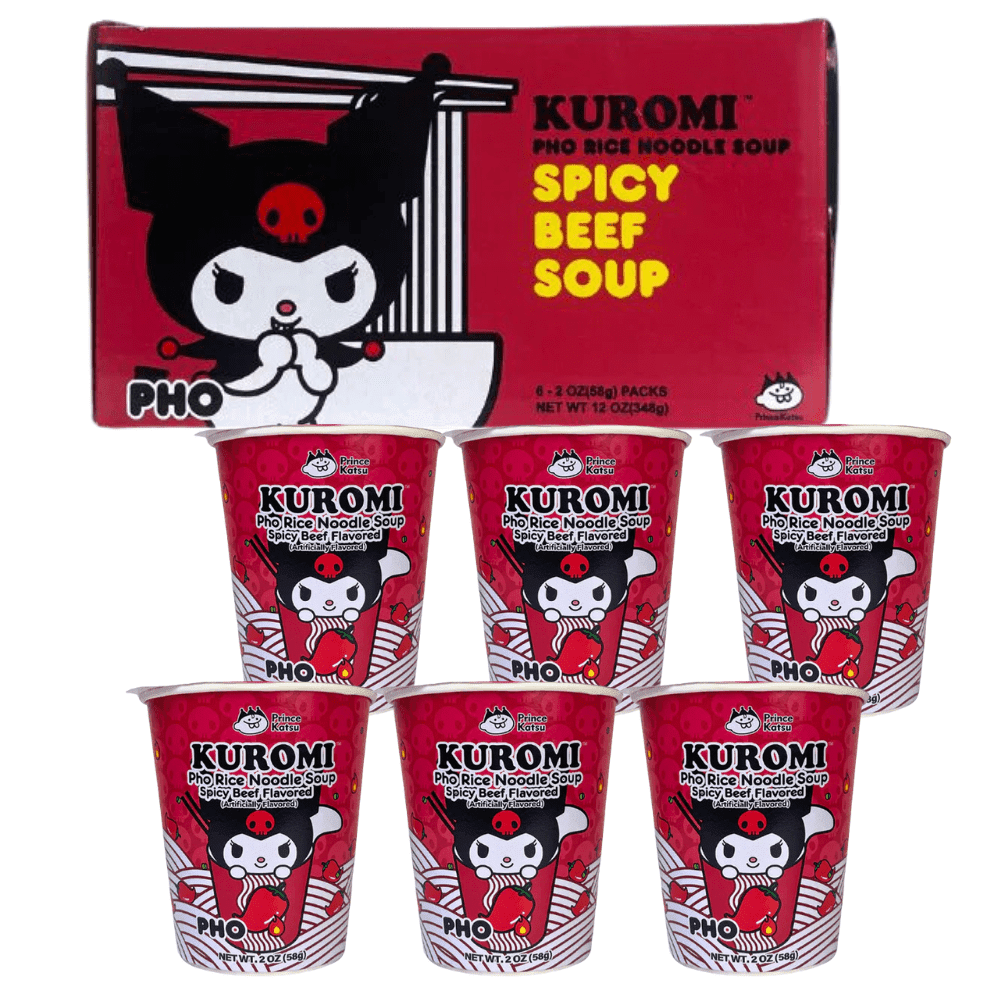 A-SHA Kuromi Pho Cup Rice Noodle (6 Cups), Spicy Beef Flavor, Gluten-Free, Premium Microwavable Rice Noodle Soup, No MSG, No Artificial Preservatives, Authentic Flavor