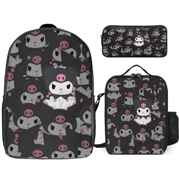 Kuromi And My Melody 3 Pcs Backpack Set With Lunch Bag And Pencil Case Casual Bookbag Lunch Box Pencil Box