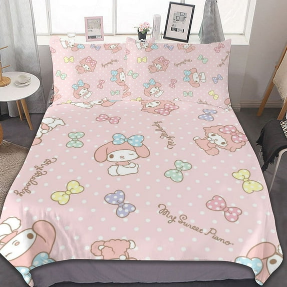 Kuromi And My Melody Duvet Cover Set 3-Piece Bedding Set Soft Warm And Comfortable Soft Bed Set with 1 Duvet Cover And 2 Pillowcases for Bedroom All Season 86"x70"