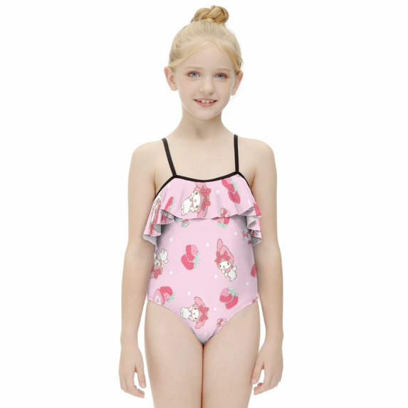 Kuromi And My Melody Girls One Piece Swimsuits Hawaiian Ruffle Swimwear Beach Bathing Suit Outfits