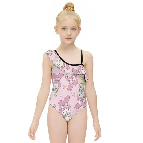 Kuromi And My Melody Girls One Piece Swimsuits Hawaiian Ruffle Swimwear Beach Bathing Suit Outfits