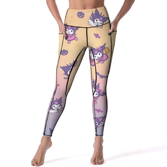 Kuromi And My Melody High Waisted Leggings for Women, Yoga Pants with Pockets, Soft Athletic Tummy Control Pants for Running Yoga Workout